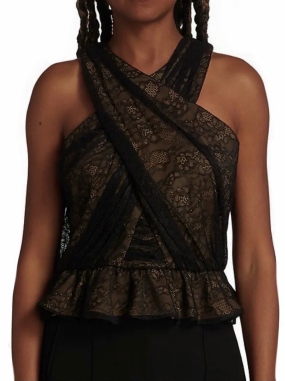 Veronica Beard Black Lace Cross-Halter Peplum Camisole